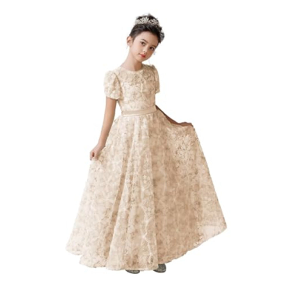 Cute A-Line Maxi Girl's Dress with Fabric Flowers & Ribbon – Flower Girl & Princess Gown