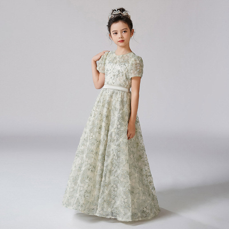 Cute A-Line Maxi Girl's Dress with Fabric Flowers & Ribbon – Flower Girl & Princess Gown