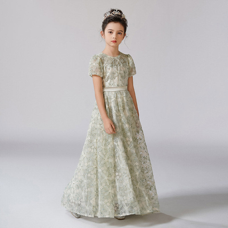 Cute A-Line Maxi Girl's Dress with Fabric Flowers & Ribbon – Flower Girl & Princess Gown