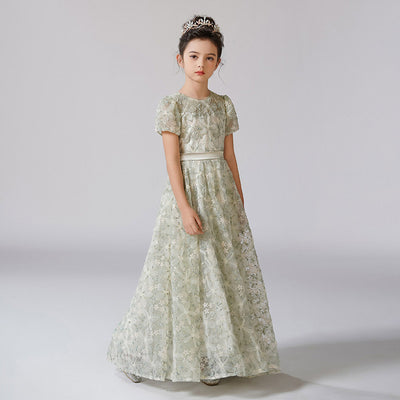 Cute A-Line Maxi Girl's Dress with Fabric Flowers & Ribbon – Flower Girl & Princess Gown