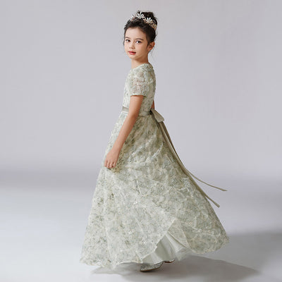 Cute A-Line Maxi Girl's Dress with Fabric Flowers & Ribbon – Flower Girl & Princess Gown