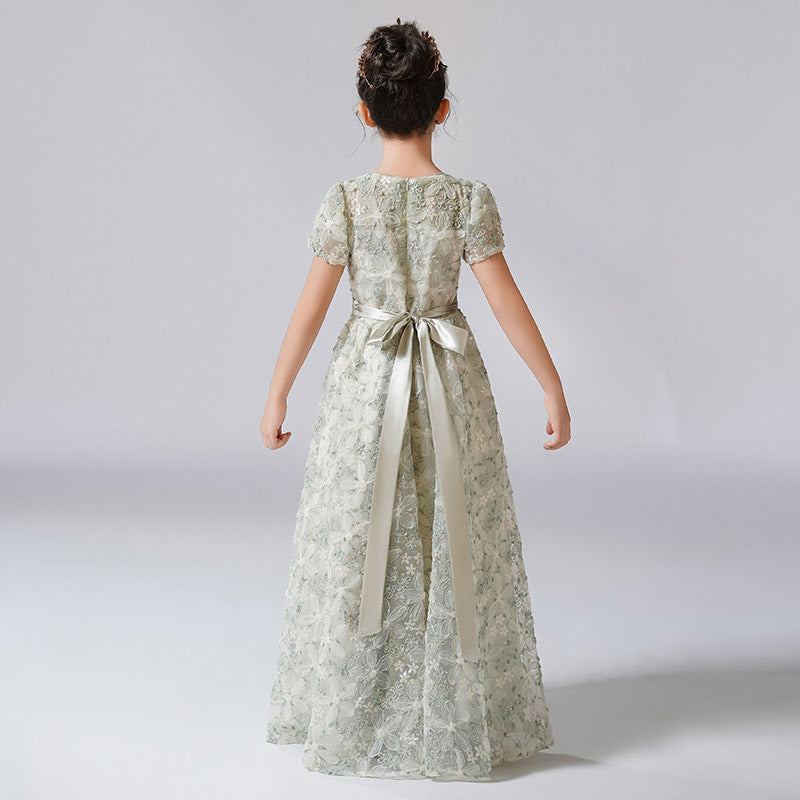 Cute A-Line Maxi Girl's Dress with Fabric Flowers & Ribbon – Flower Girl & Princess Gown