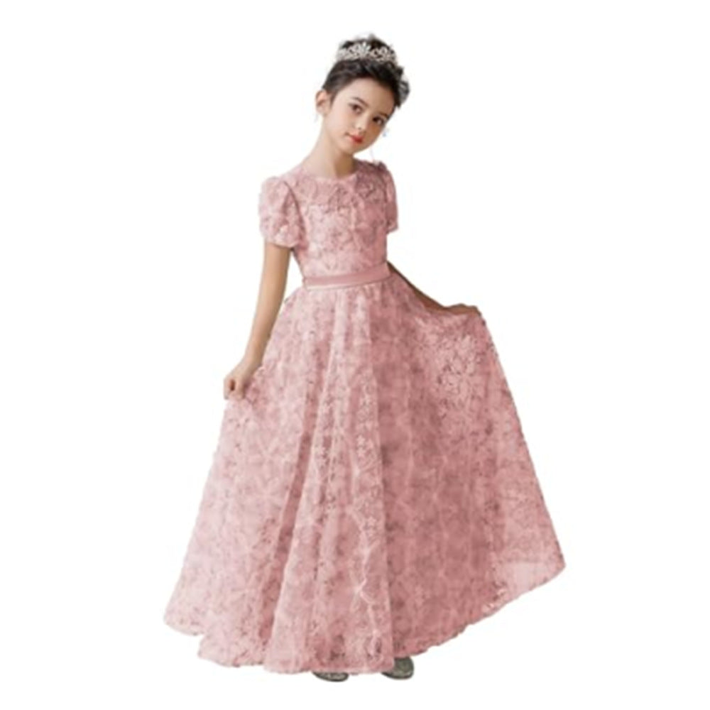 Cute A-Line Maxi Girl's Dress with Fabric Flowers & Ribbon – Flower Girl & Princess Gown
