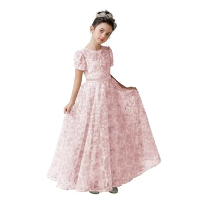 Cute A-Line Maxi Girl's Dress with Fabric Flowers & Ribbon – Flower Girl & Princess Gown