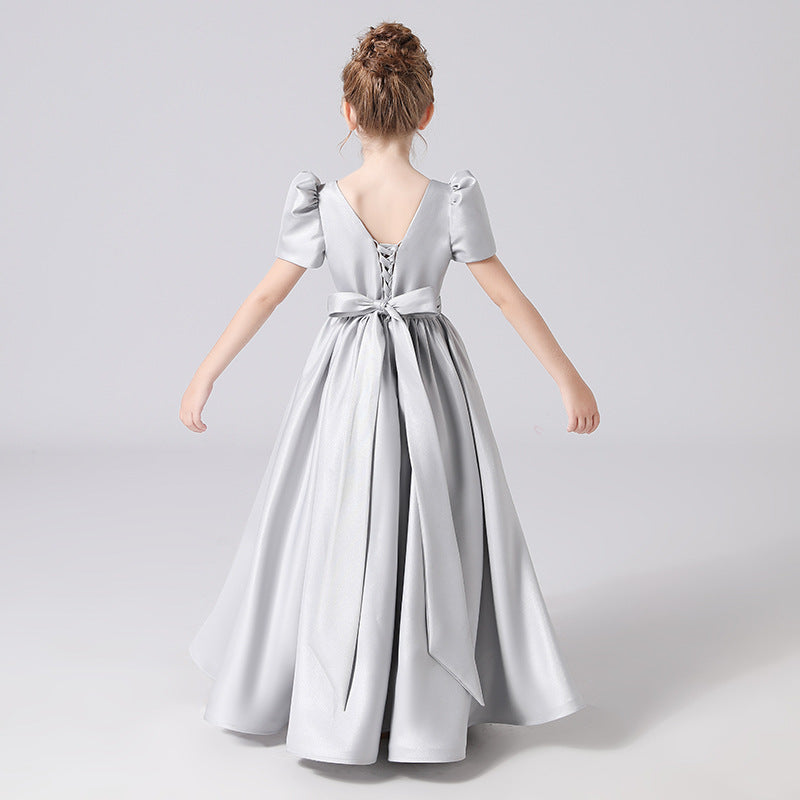 Cute Satin Maxi Party Dress for Girls with Bowknot & Ruffles | Ages 3-12