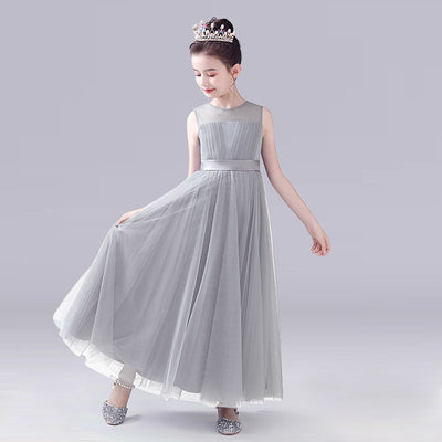 Blue A-line Tulle Flower Girl Princess Dress with Ribbon Tie for Girls