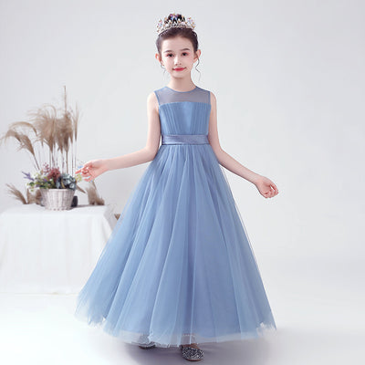 Blue A-line Tulle Flower Girl Princess Dress with Ribbon Tie for Girls