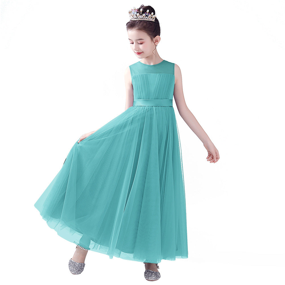 Blue A-line Tulle Flower Girl Princess Dress with Ribbon Tie for Girls