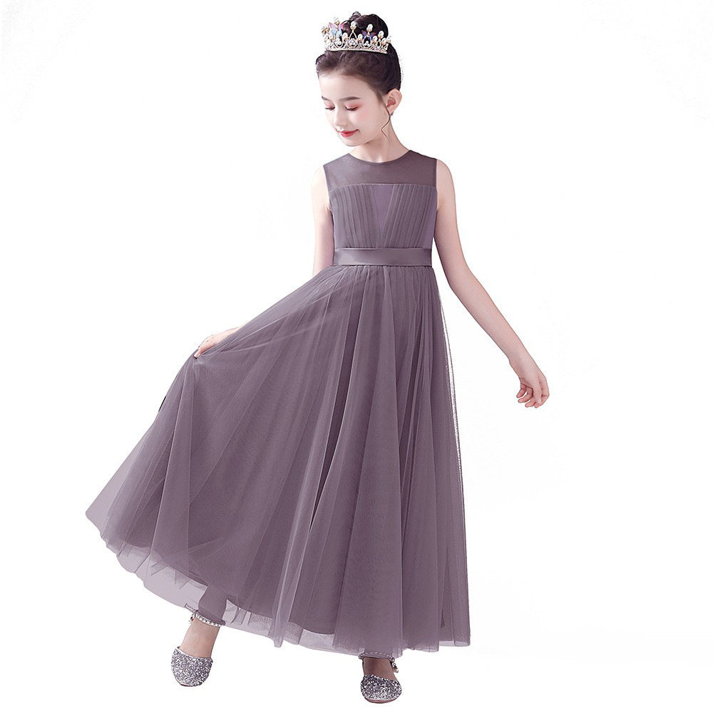 Blue A-line Tulle Flower Girl Princess Dress with Ribbon Tie for Girls