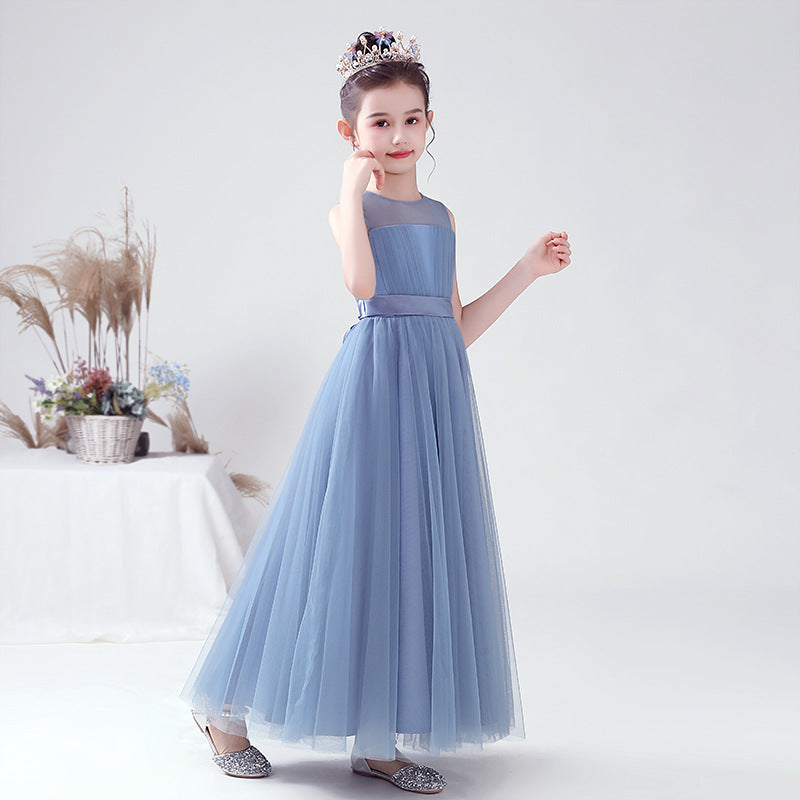 Blue A-line Tulle Flower Girl Princess Dress with Ribbon Tie for Girls