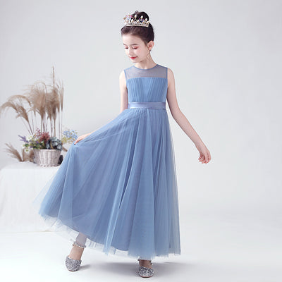 Blue A-line Tulle Flower Girl Princess Dress with Ribbon Tie for Girls
