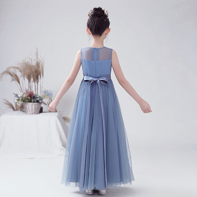 Blue A-line Tulle Flower Girl Princess Dress with Ribbon Tie for Girls
