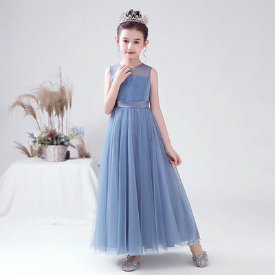 Blue A-line Tulle Flower Girl Princess Dress with Ribbon Tie for Girls