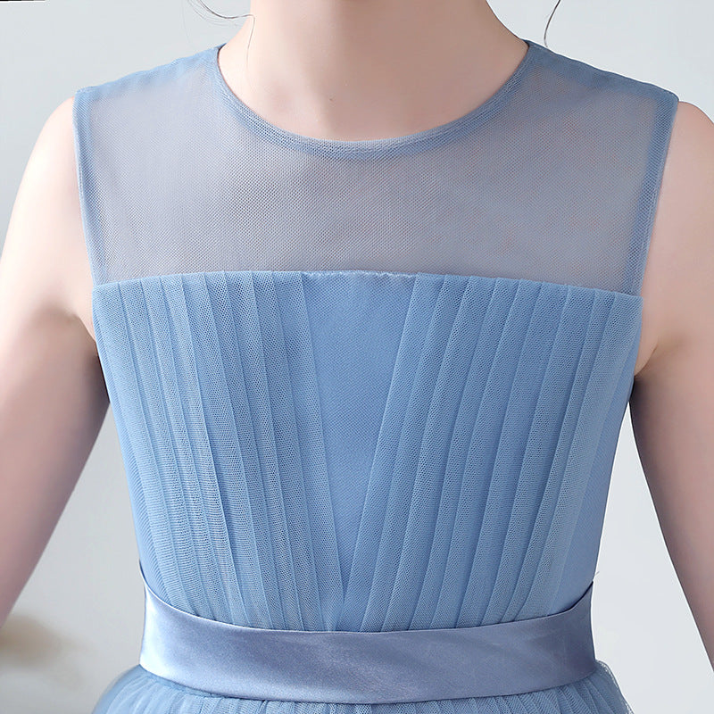 Blue A-line Tulle Flower Girl Princess Dress with Ribbon Tie for Girls