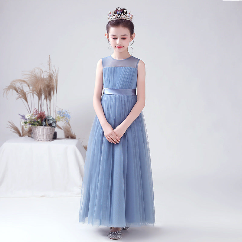 Blue A-line Tulle Flower Girl Princess Dress with Ribbon Tie for Girls