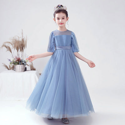 Blue A-line Tulle Flower Girl Princess Dress with Ribbon Tie for Girls