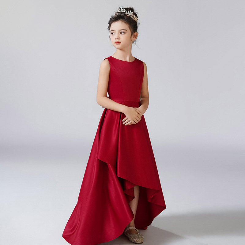Cute A-Line High-Low Satin Dress with Ribbon for Girls 3-12 Years
