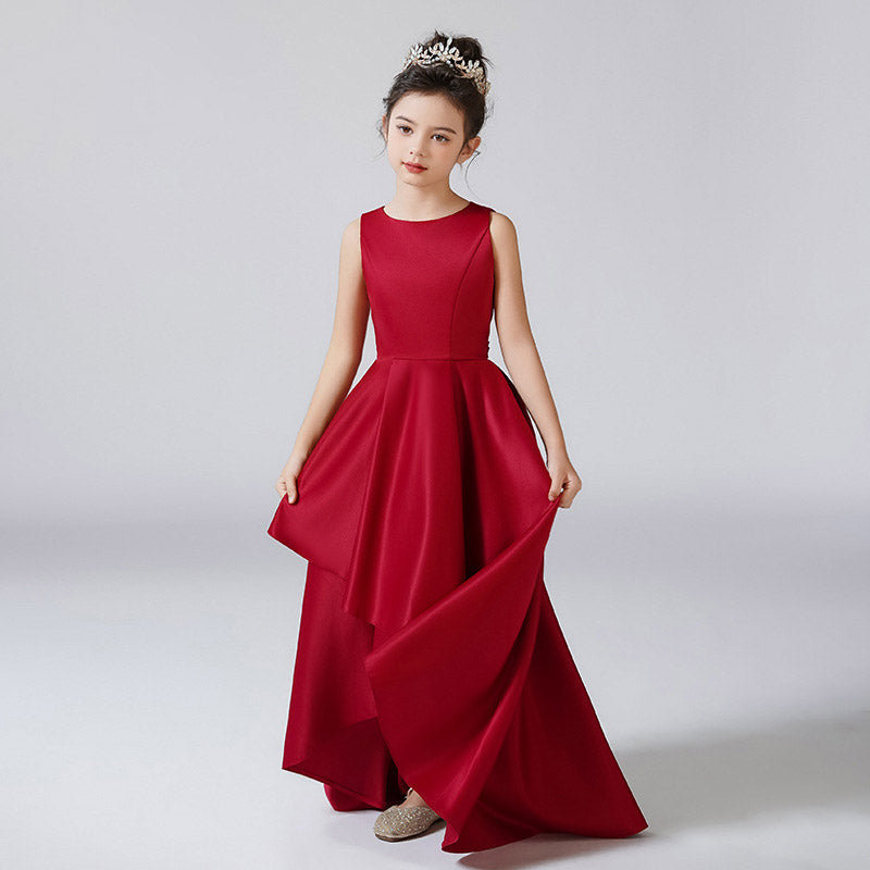 Cute A-Line High-Low Satin Dress with Ribbon for Girls 3-12 Years