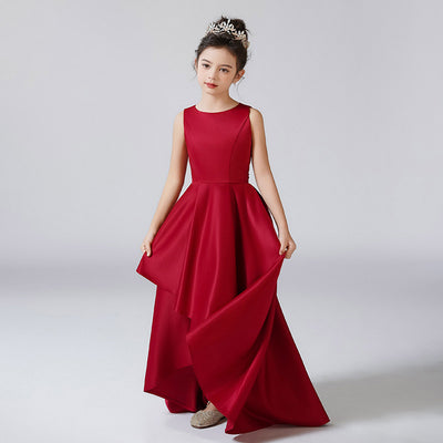 Cute A-Line High-Low Satin Dress with Ribbon for Girls 3-12 Years