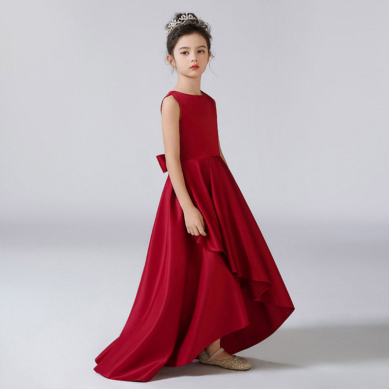 Cute A-Line High-Low Satin Dress with Ribbon for Girls 3-12 Years