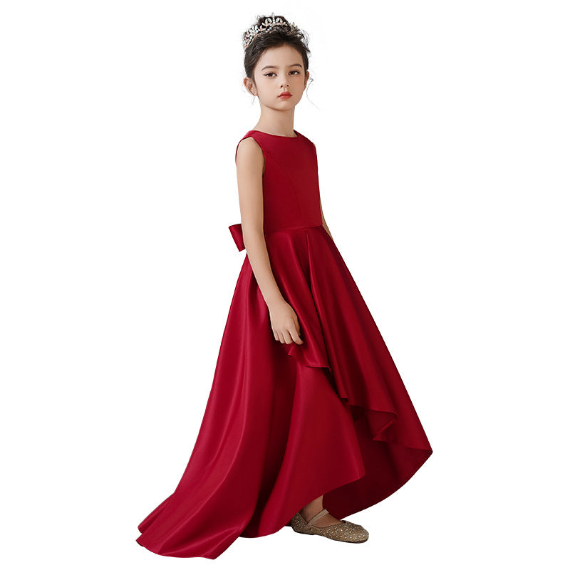 Cute A-Line High-Low Satin Dress with Ribbon for Girls 3-12 Years