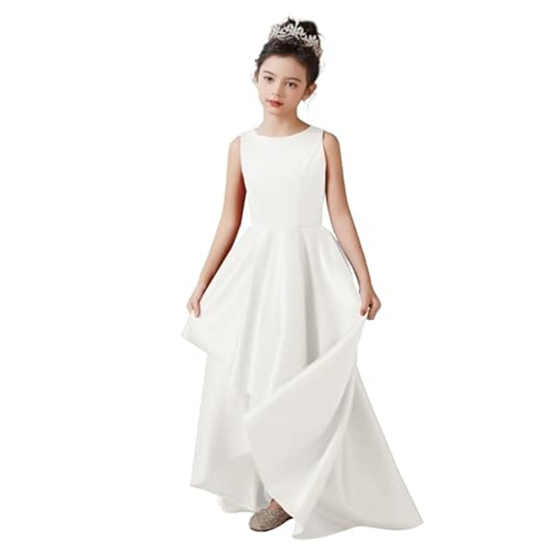 Cute A-Line High-Low Satin Dress with Ribbon for Girls 3-12 Years