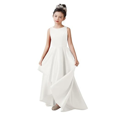 Cute A-Line High-Low Satin Dress with Ribbon for Girls 3-12 Years