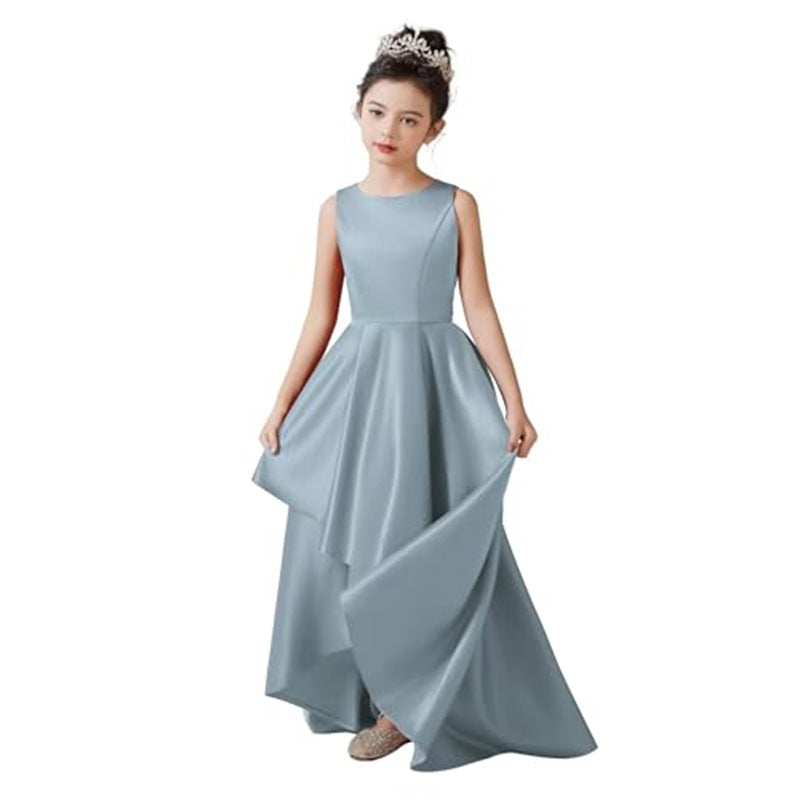 Cute A-Line High-Low Satin Dress with Ribbon for Girls 3-12 Years