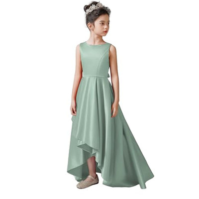 Cute A-Line High-Low Satin Dress with Ribbon for Girls 3-12 Years