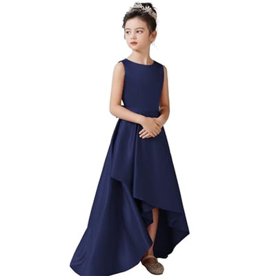Cute A-Line High-Low Satin Dress with Ribbon for Girls 3-12 Years