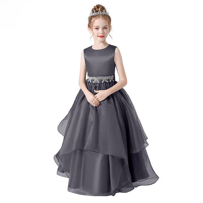 Navy Blue Maxi Tulle Flower Girl Dress with Sequins & Tiered Skirt for Girls 3-12