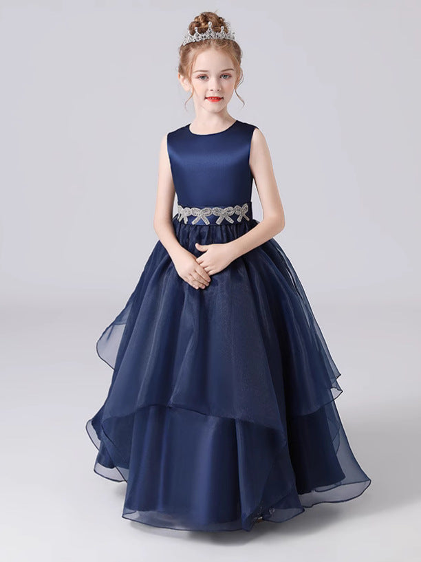 Navy Blue Maxi Tulle Flower Girl Dress with Sequins & Tiered Skirt for Girls 3-12
