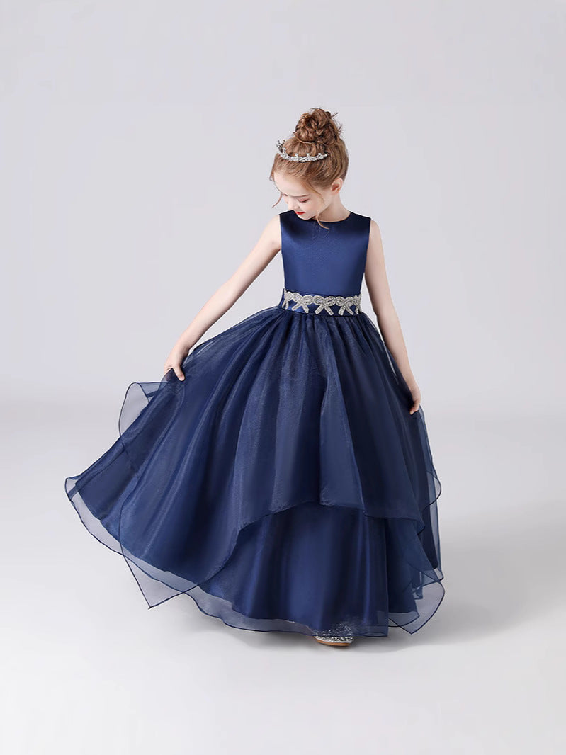 Navy Blue Maxi Tulle Flower Girl Dress with Sequins & Tiered Skirt for Girls 3-12