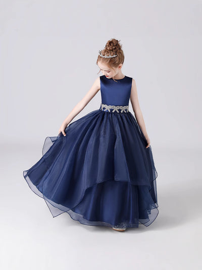 Navy Blue Maxi Tulle Flower Girl Dress with Sequins & Tiered Skirt for Girls 3-12