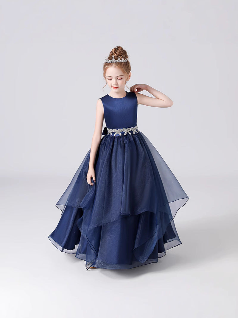 Navy Blue Maxi Tulle Flower Girl Dress with Sequins & Tiered Skirt for Girls 3-12