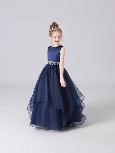 Navy Blue Maxi Tulle Flower Girl Dress with Sequins & Tiered Skirt for Girls 3-12