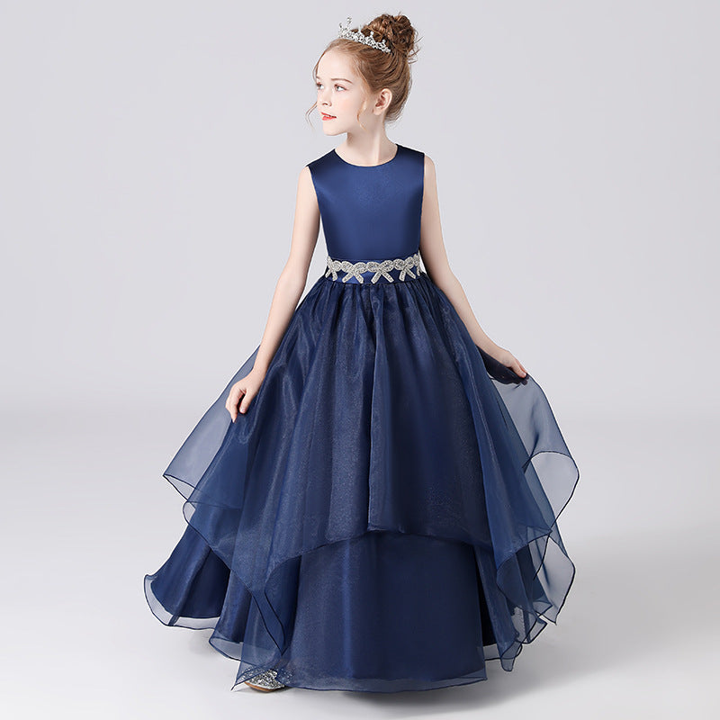 Navy Blue Maxi Tulle Flower Girl Dress with Sequins & Tiered Skirt for Girls 3-12