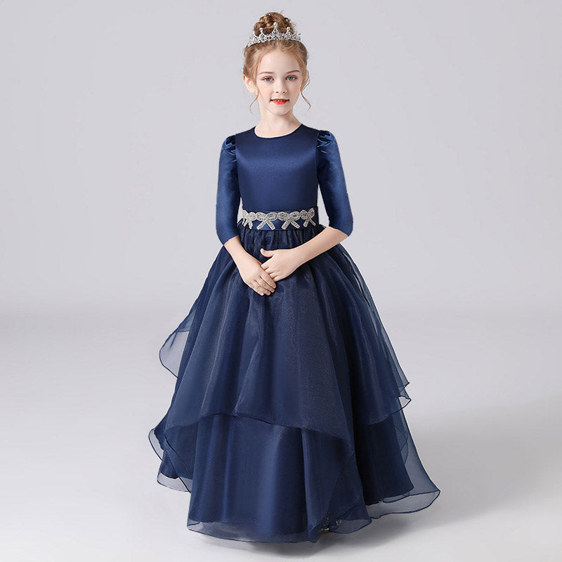 Navy Blue Maxi Tulle Flower Girl Dress with Sequins & Tiered Skirt for Girls 3-12