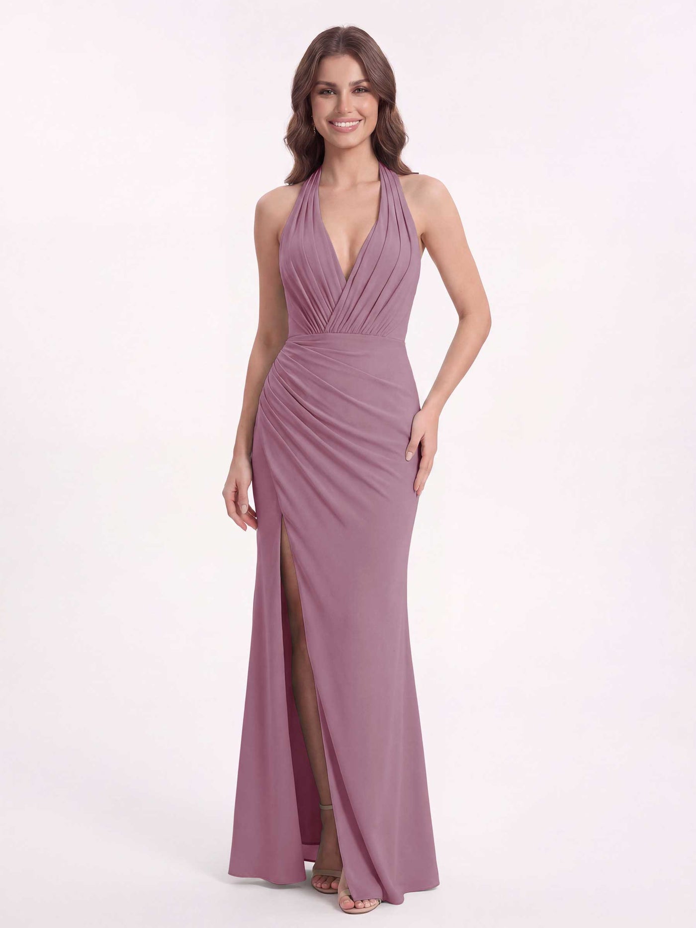 Burgundy Halter Chiffon Bridesmaid Dress with Tie Back and High Slit