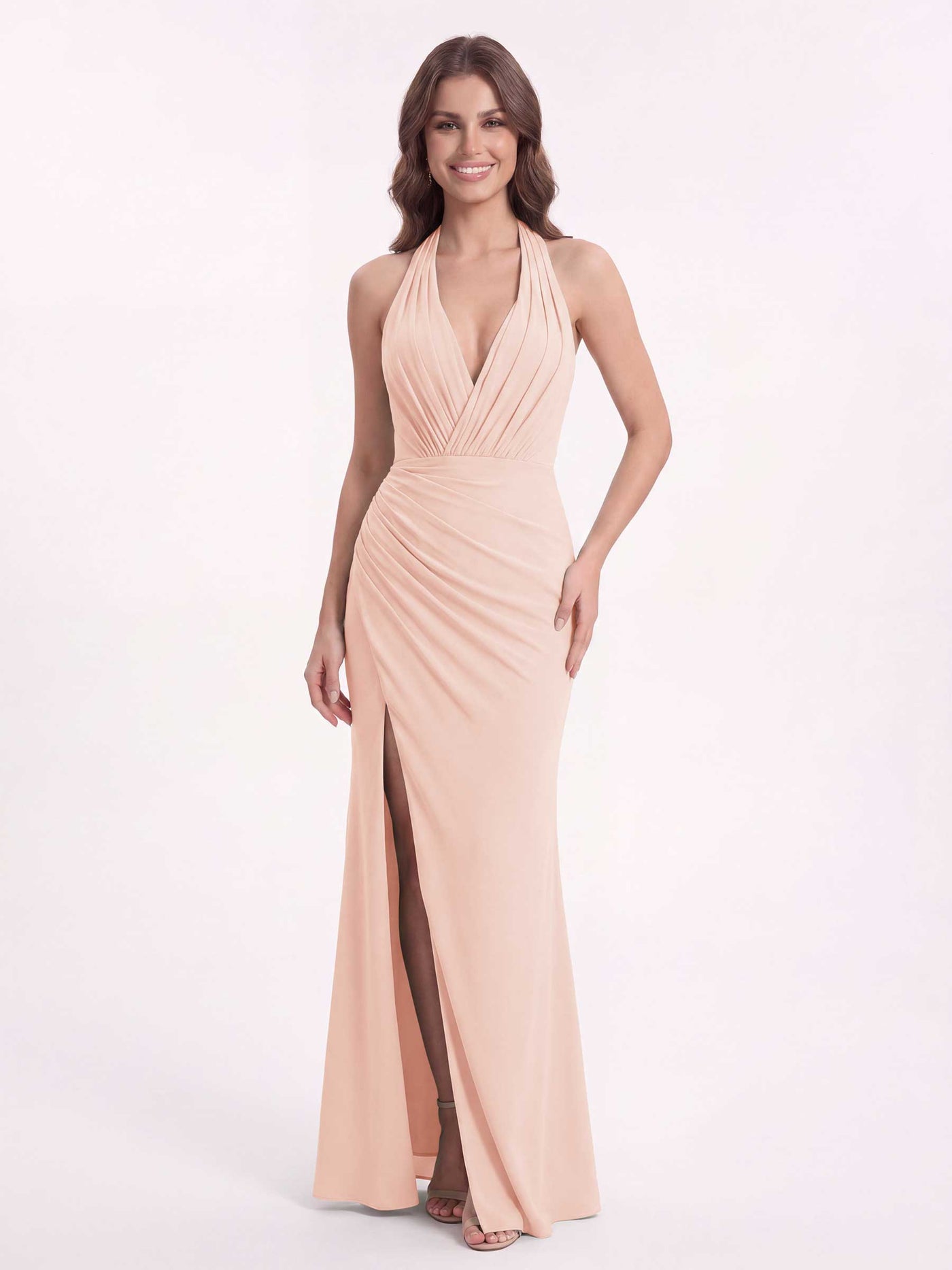 Champagne Rose Chiffon Halter Bridesmaid Dress A-Line Floor-Length