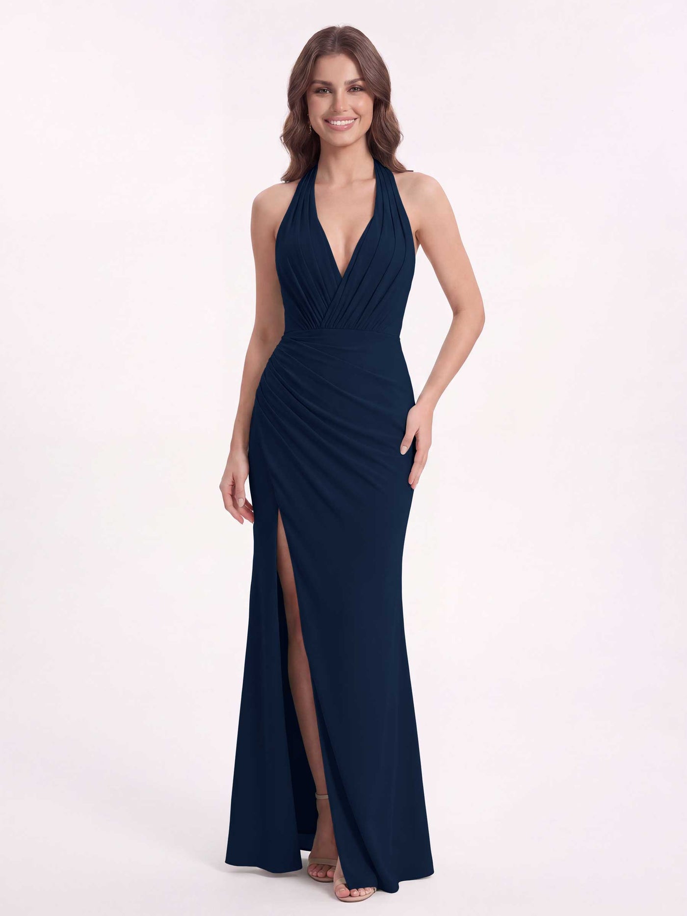 navy blue halter neck bridesmaid dress Dark Chiffon A-Line Floor-Length merritt