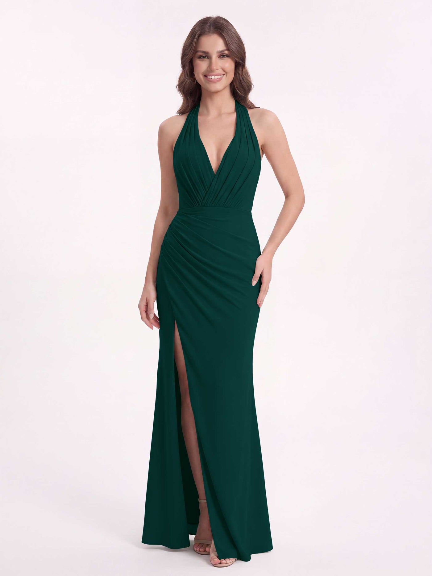 Martini Olive Chiffon Halter Bridesmaid Dress A-Line Floor-Length
