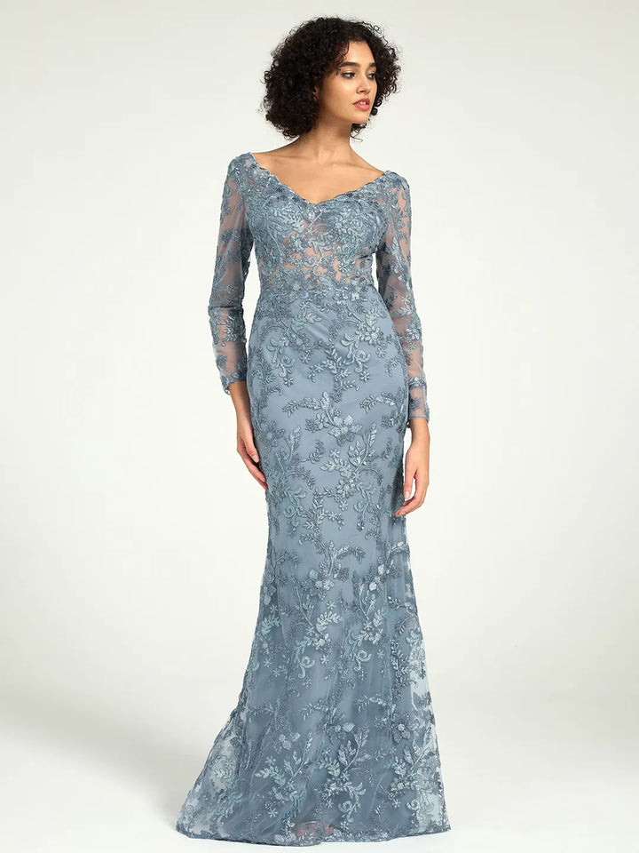 Misty Blue Long Sleeve Lace Mother of the Bride Dress Elegant Formal Gown Carlyna