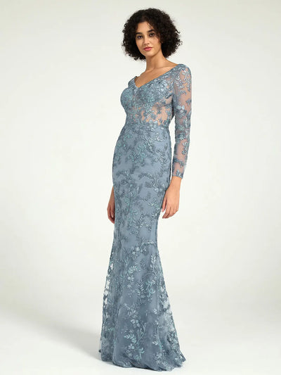 Carlyna Carlyna Carlyna Elegant Misty Blue Long Sleeve Lace Mother of the Bride Dress