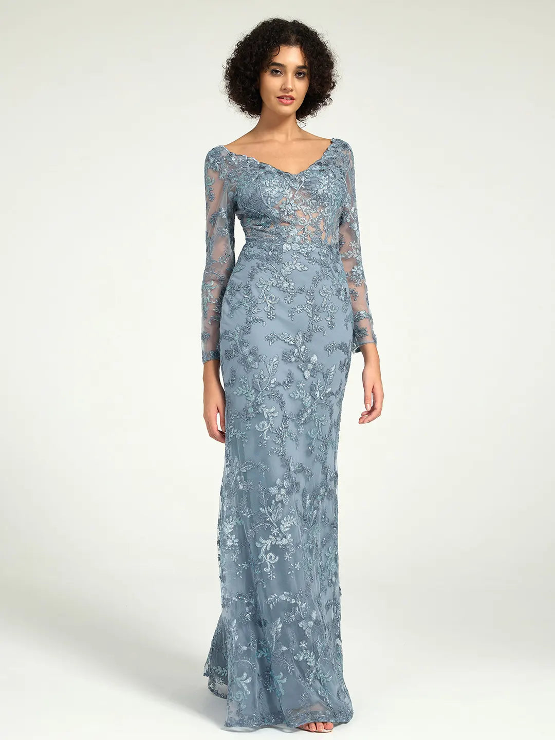 silver blue dress elegant Light Beaded Long Sleeve Evening and Pretty Sequin Dress formal events Plus Womens' Elegant V-Neck Evening