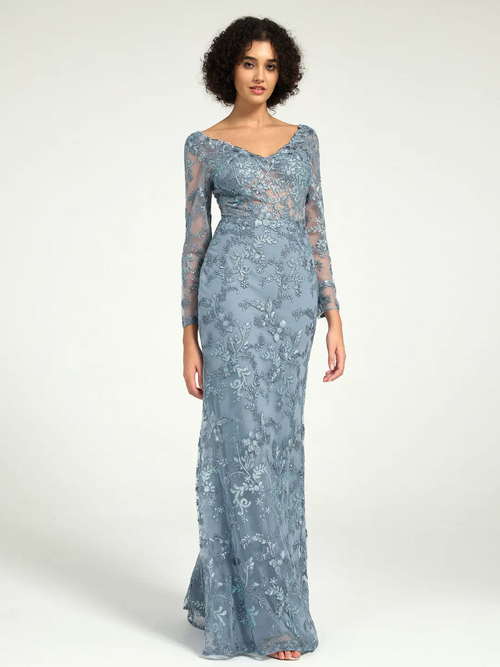 gray long sleeve lace dress Dark Grey Long Sleeves Lace Applique A-line Prom Dress, Grey Long Formal Dresses