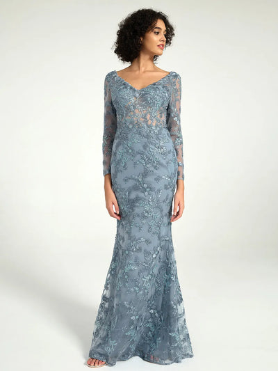 Carlyna Carlyna Carlyna Carlyna Carlyna Elegant Misty Blue Long Sleeve Lace Mother of the Bride Dress
