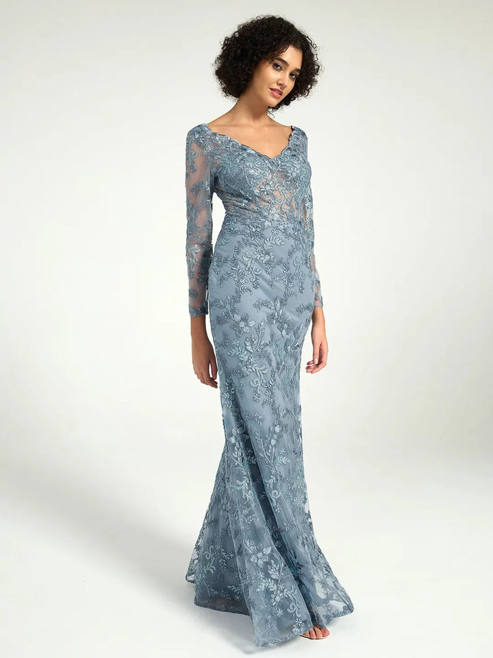 Elegant Misty Blue Long Sleeve Lace Mother of The Bride Dress Elegant Misty Blue Long Sleeve Lace Mother of The Bride Dress