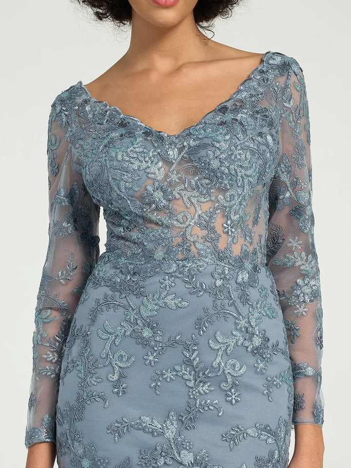Elegant Misty Blue Long Sleeve Lace Mother of The Bride Dress Elegant Misty Blue Long Sleeve Lace Mother of The Bride Dress