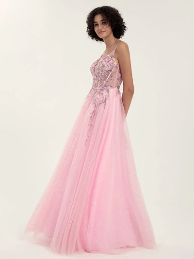 Carlyna Carlyna Embellished Tulle Gown with Beaded Floral Deep V-Neck & Strappy Open Back
